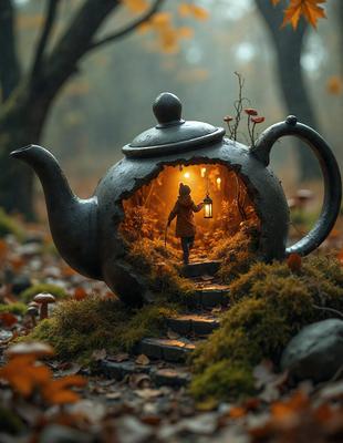 Primary subject: A small girl standing in a teapot.
Setting/background: A forest with trees and mushrooms.
Visual style: Digital art.
Colors and mood: The scene is warm and inviting, with the teapot and the girl's outfit being the main focus.